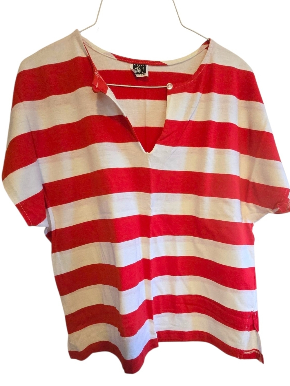 Vintage 80s Take 1 Red and White Striped V-Neck Dolman Tee